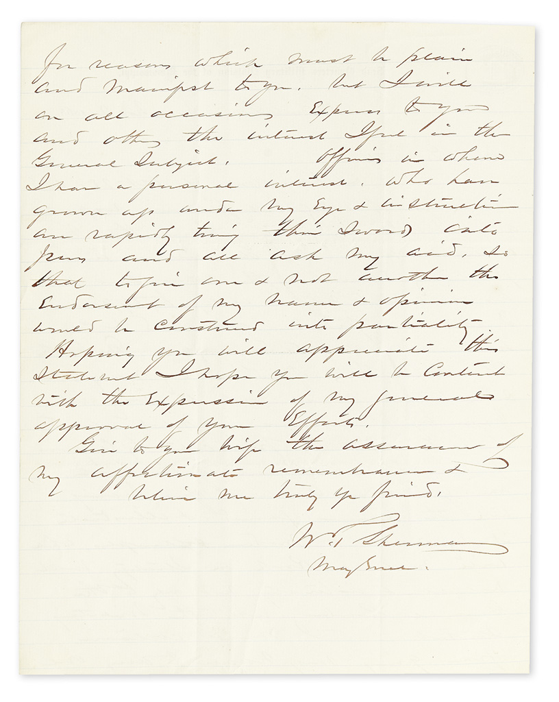 (CIVIL WAR.) SHERMAN, WILLIAM TECUMSEH. Autograph Letter Signed, W.T. Sherman / MajGenl, to Dear Lippitt [Francis J. Lippitt?],